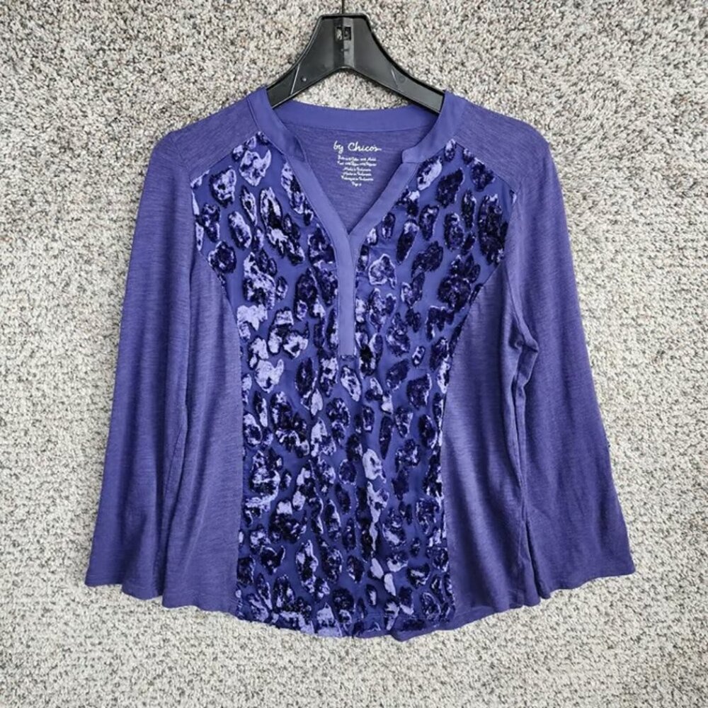 Chicos Top Womens 0 US Small Purple Velvet Accent V Neck Roll Tab Sleeve Casual